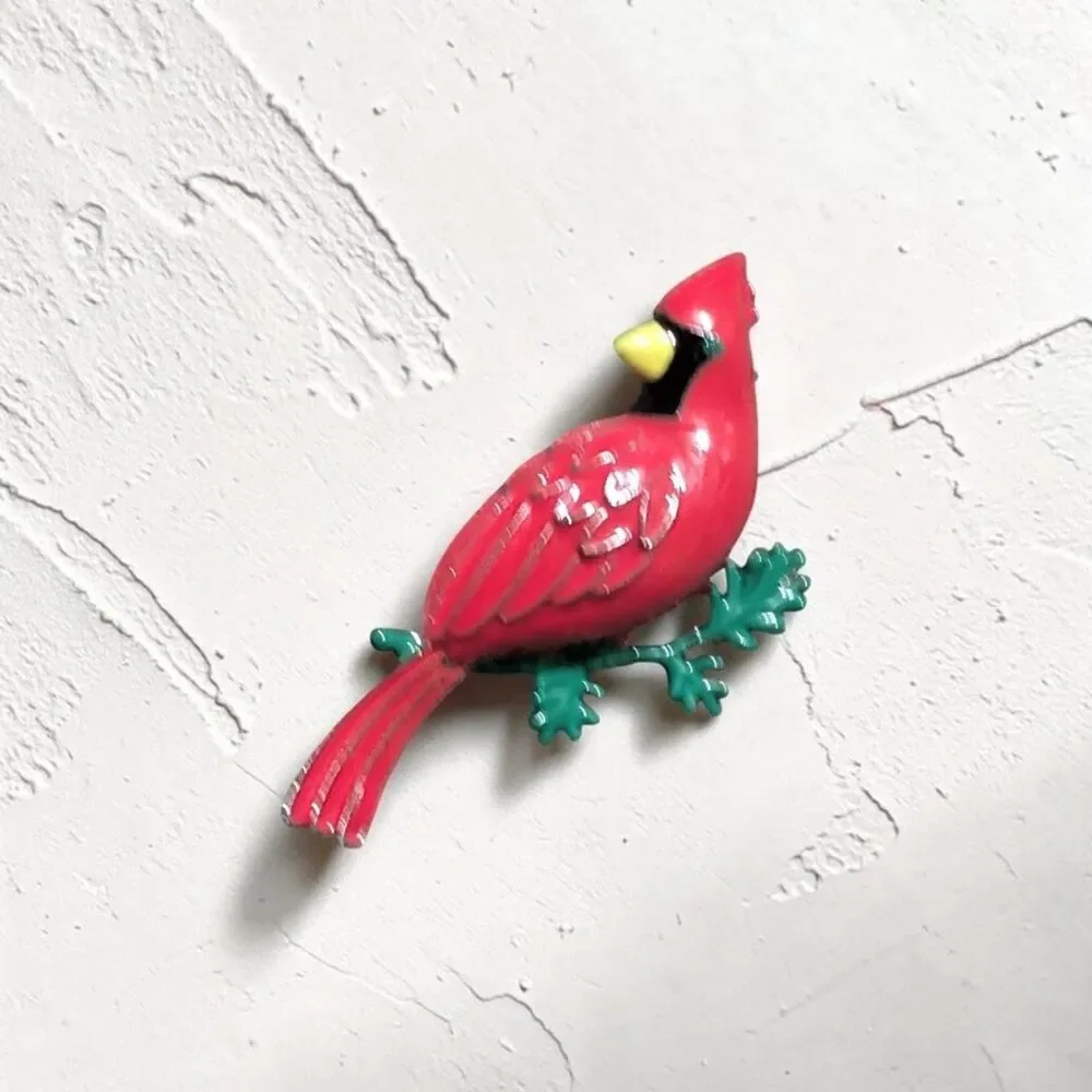 Red Cardinal Bird Enamel Brooch Pin, Vintage Style Holiday Lapel Pin